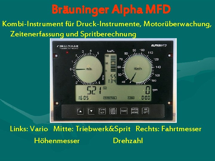 Bräuninger Alpha MFD Kombi-Instrument für Druck-Instrumente, Motorüberwachung, Zeitenerfassung und Spritberechnung Links: Vario Mitte: Triebwerk&Sprit