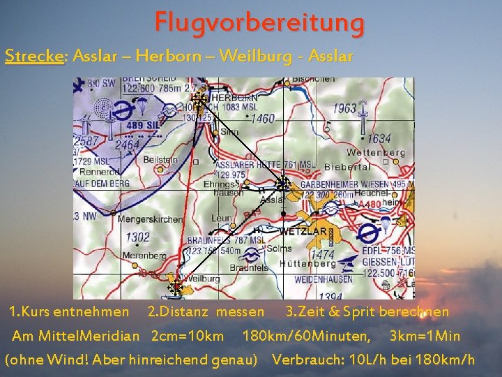 Flugvorbereitung Strecke: Asslar – Herborn – Weilburg - Asslar 1. Kurs entnehmen 2. Distanz