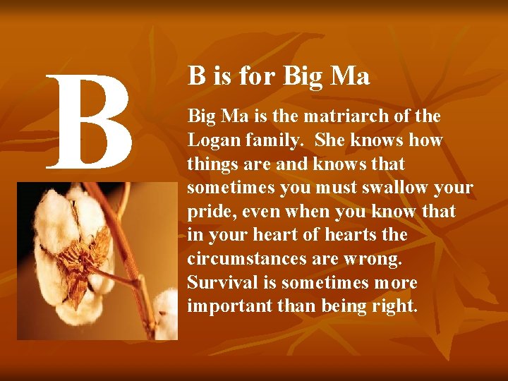 B B is for Big Ma is the matriarch of the Logan family. She