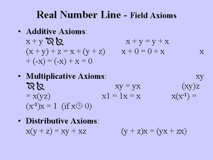 Real Number Line - Field Axioms • Additive Axioms: x+y (x + y) +