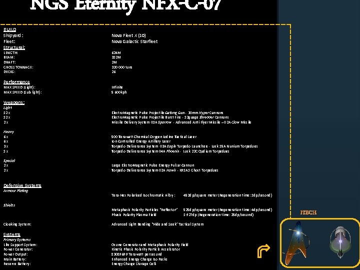 BUILD Shipyard: Fleet: Structural: NGS Eternity NFX-C-07 LENGTH: BEAM: DRAFT: GROSS TONNAGE: DECKS: Performance