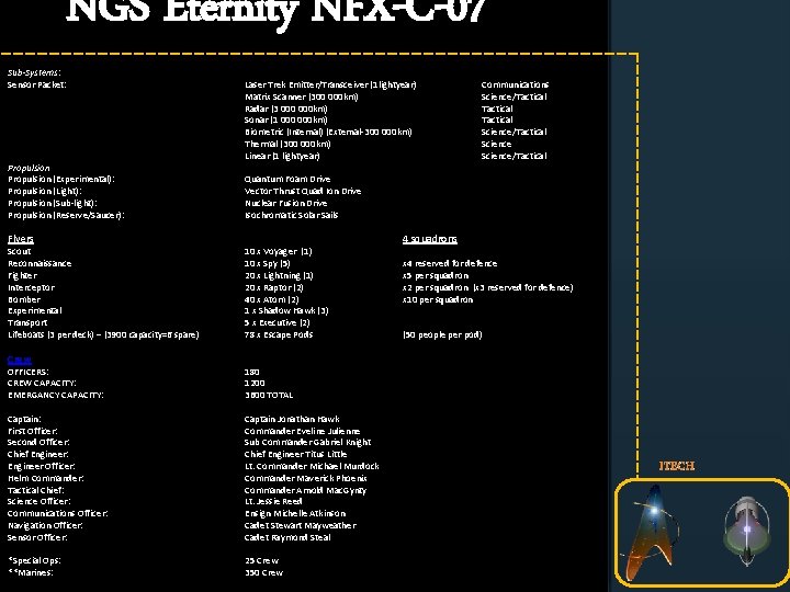 NGS Eternity NFX-C-07 Sub-Systems: Sensor Packet: Propulsion (Experimental): Propulsion (Light): Propulsion (Sub-light): Propulsion (Reserve/Saucer):