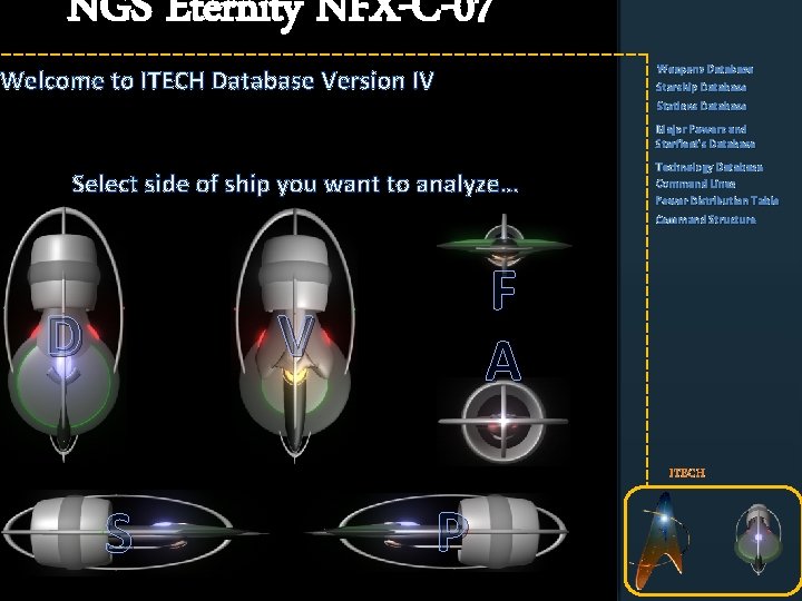 NGS Eternity NFX-C-07 Welcome to ITECH Database Version IV Weapons Database Starship Database Stations