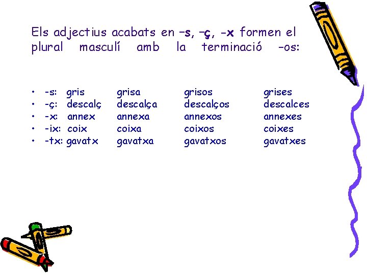 Els adjectius acabats en –s, –ç, -x formen el plural masculí amb la terminació