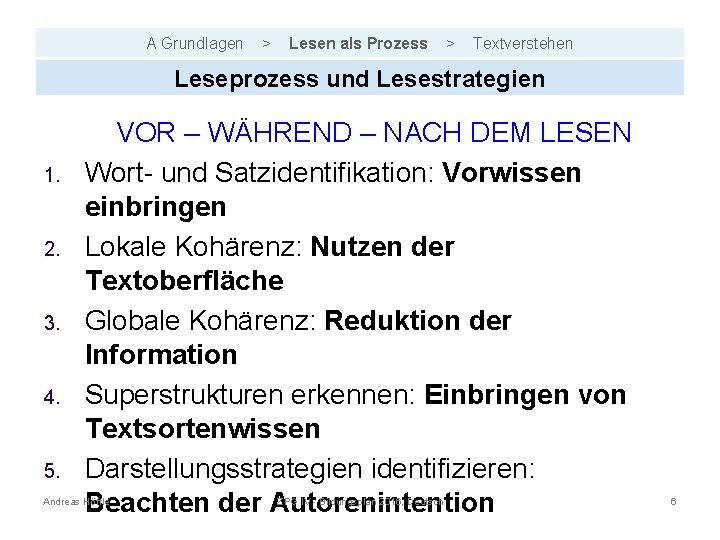 A Grundlagen > Lesen als Prozess > Textverstehen Leseprozess und Lesestrategien 1. 2. 3.