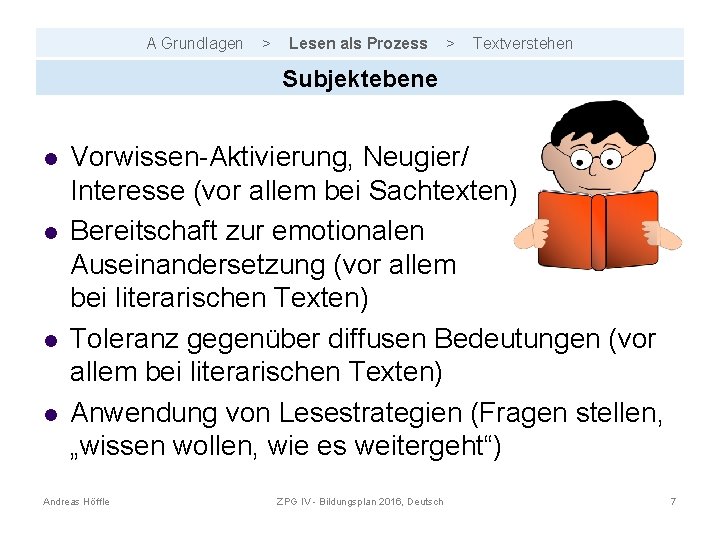 A Grundlagen > Lesen als Prozess > Textverstehen Subjektebene l l Vorwissen-Aktivierung, Neugier/ Interesse