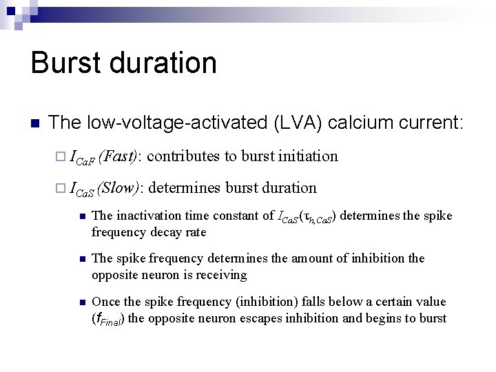 Burst duration n The low-voltage-activated (LVA) calcium current: ¨ ICa. F (Fast): contributes to