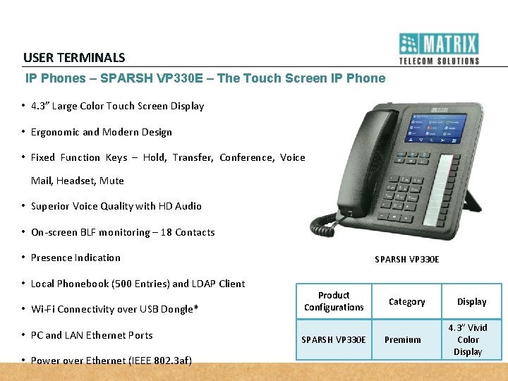 USER TERMINALS IP Phones – SPARSH VP 330 E – The Touch Screen IP