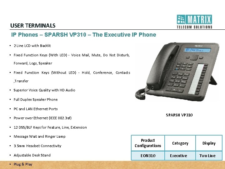 USER TERMINALS IP Phones – SPARSH VP 310 – The Executive IP Phone •