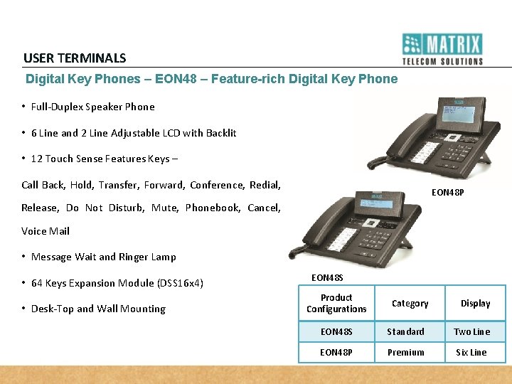 USER TERMINALS Digital Key Phones – EON 48 – Feature-rich Digital Key Phone •