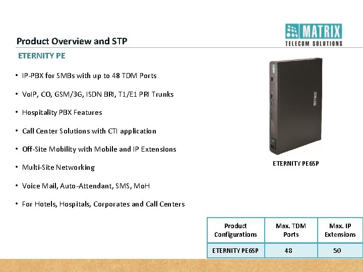 Product Overview and STP ETERNITY PE • IP-PBX for SMBs with up to 48