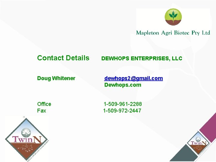 Contact Details DEWHOPS ENTERPRISES, LLC Doug Whitener dewhops 2@gmail. com Dewhops. com Office Fax