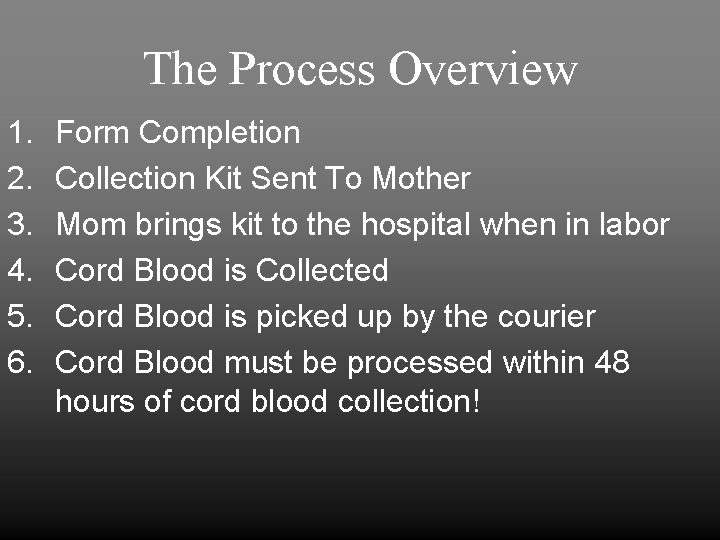 The Process Overview 1. 2. 3. 4. 5. 6. Form Completion Collection Kit Sent