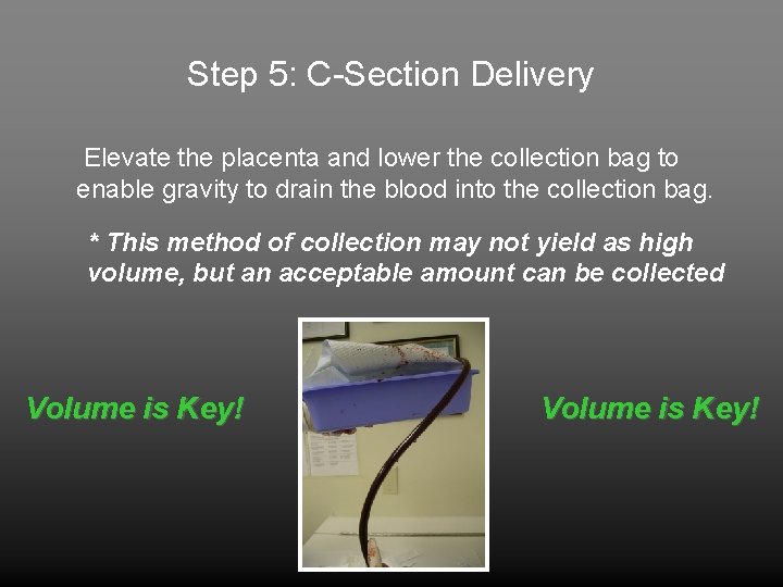 Step 5: C-Section Delivery Elevate the placenta and lower the collection bag to enable
