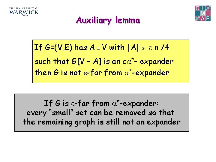 Auxiliary lemma If G=(V, E) has A 4 V with |A| b n /4