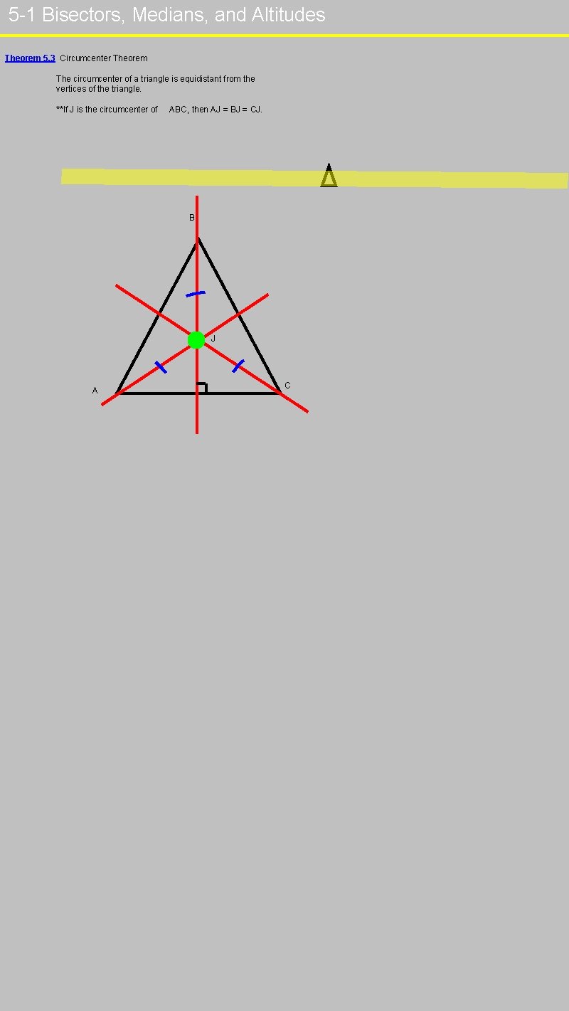 5 -1 Bisectors, Medians, and Altitudes Theorem 5. 3 Circumcenter Theorem The circumcenter of