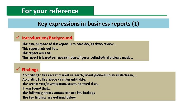 For your reference Key expressions in business reports (1) ü Introduction/Background The aim/purpose of