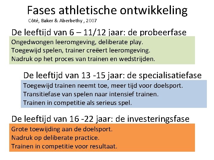 Fases athletische ontwikkeling Côté, Baker & Aberbethy , 2007 De leeftijd van 6 –