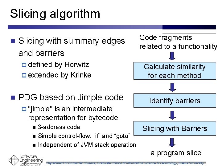 Slicing algorithm n Slicing with summary edges and barriers p defined by Horwitz p