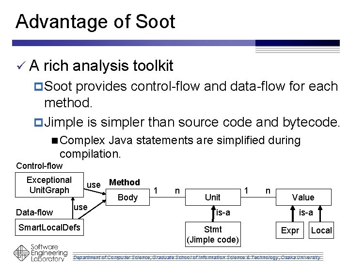 Advantage of Soot üA rich analysis toolkit p Soot provides control-flow and data-flow for