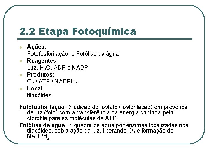 2. 2 Etapa Fotoquímica l l Ações: Fotofosforilação e Fotólise da água Reagentes: Luz,