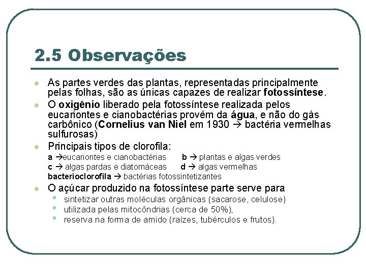 2. 5 Observações l l l As partes verdes das plantas, representadas principalmente pelas