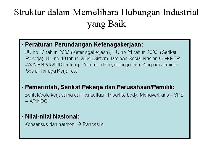 Struktur dalam Memelihara Hubungan Industrial yang Baik • Peraturan Perundangan Ketenagakerjaan: UU no. 13