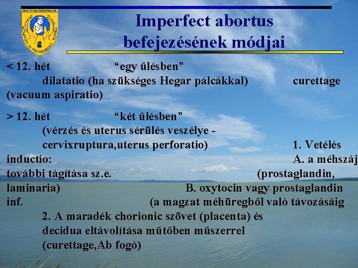 Imperfect abortus befejezésének módjai < 12. hét “egy űlésben” dilatatio (ha szükséges Hegar pálcákkal)