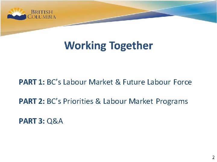 2 PART 1: BC’s Labour Market & Future Labour Force PART 2: BC’s Priorities
