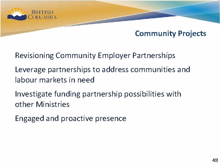 46 Community Projects Revisioning Community Employer Partnerships Leverage partnerships to address communities and labour