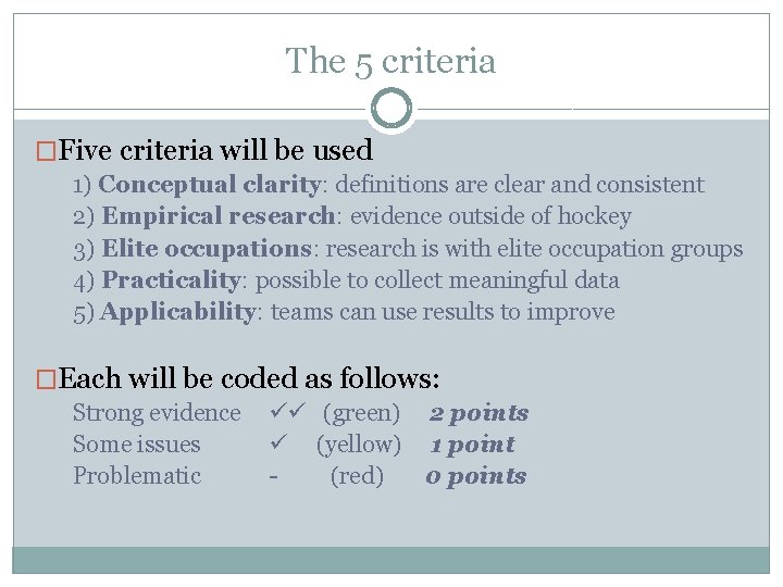 The 5 criteria �Five criteria will be used 1) Conceptual clarity: definitions are clear