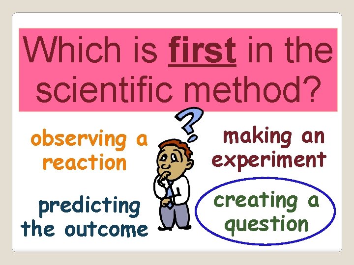 Which is first in the scientific method? observing a reaction making an experiment predicting