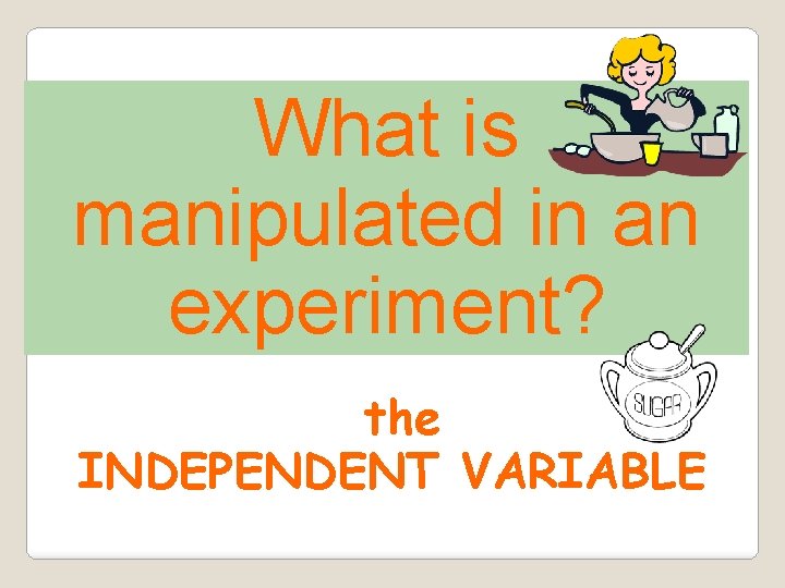 What is manipulated in an experiment? the INDEPENDENT VARIABLE 
