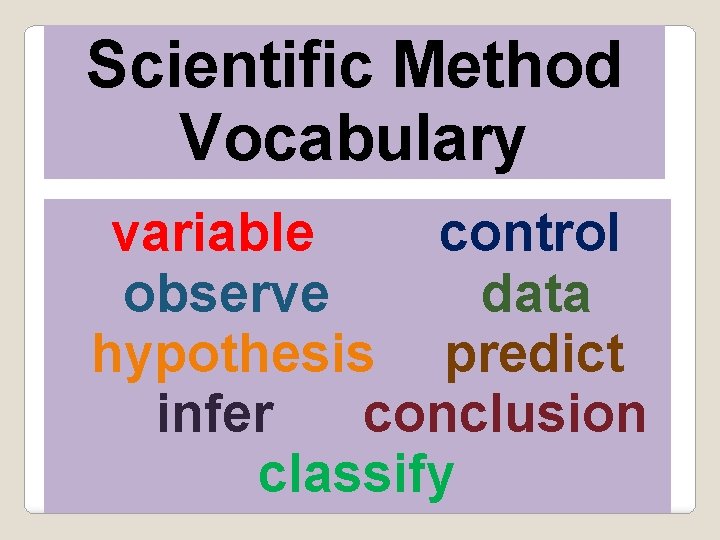 Scientific Method Vocabulary variable control observe data hypothesis predict infer conclusion classify 