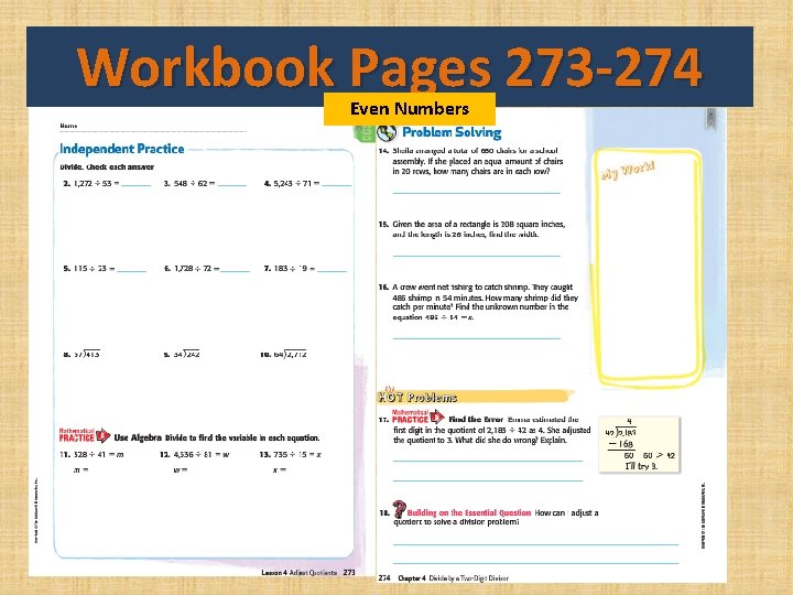Workbook Pages 273 -274 Even Numbers 