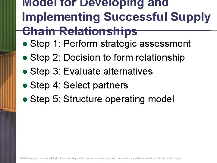 Model for Developing and Implementing Successful Supply Chain Relationships ● Step 1: Perform strategic