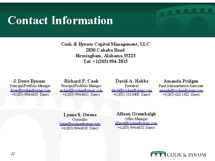 Contact Information Cook & Bynum Capital Management, LLC 2830 Cahaba Road Birmingham, Alabama 35223