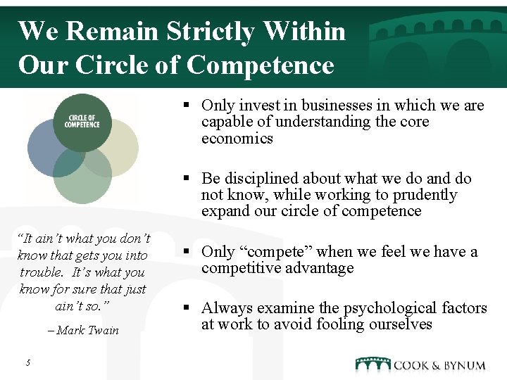 We Remain Strictly Within Our Circle of Competence § Only invest in businesses in
