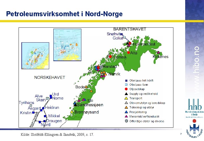 Figur 0‑ 1 Petroleumsrelatert virksomhet i Nord-Norge. Kilde: Slotfeldt-Ellingsen & Sandvik, 2009, s. 17.