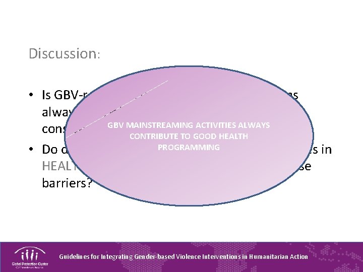 Discussion: • Is GBV-related activities in HEALTH programs always cost-effective? Why should it be