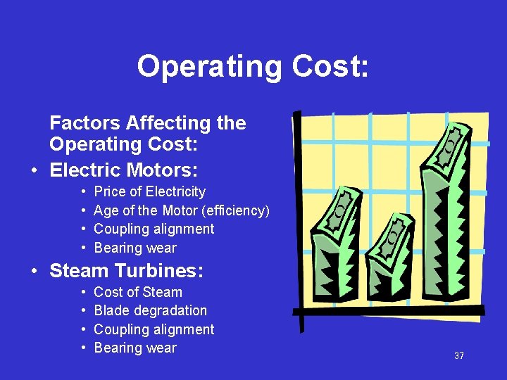 Operating Cost: Factors Affecting the Operating Cost: • Electric Motors: • • Price of