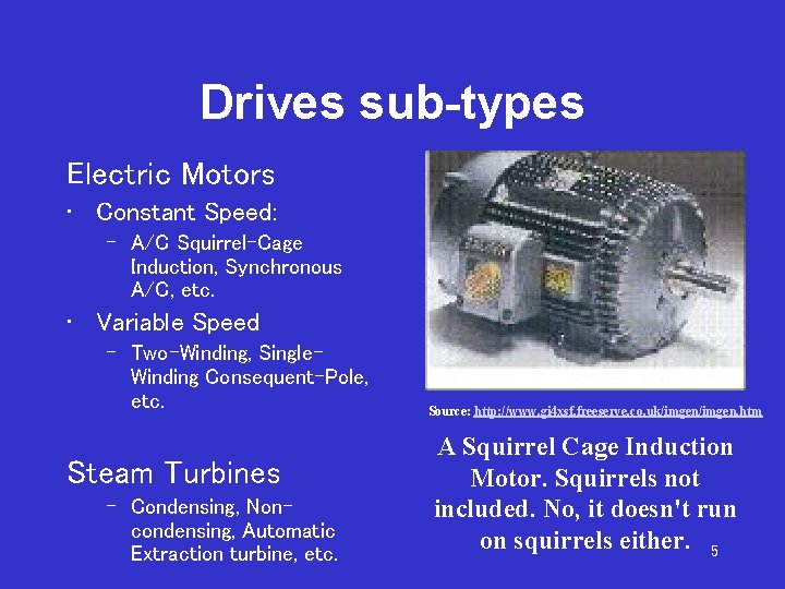 Drives sub-types Electric Motors • Constant Speed: – A/C Squirrel-Cage Induction, Synchronous A/C, etc.