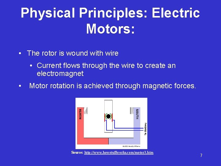 Physical Principles: Electric Motors: • The rotor is wound with wire • Current flows