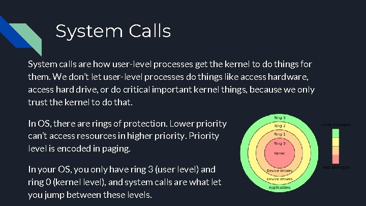 System Calls System calls are how user-level processes get the kernel to do things