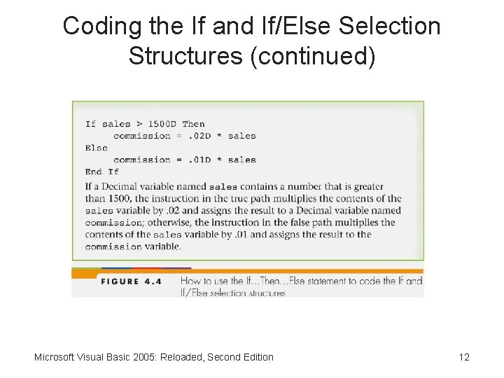 Coding the If and If/Else Selection Structures (continued) Microsoft Visual Basic 2005: Reloaded, Second