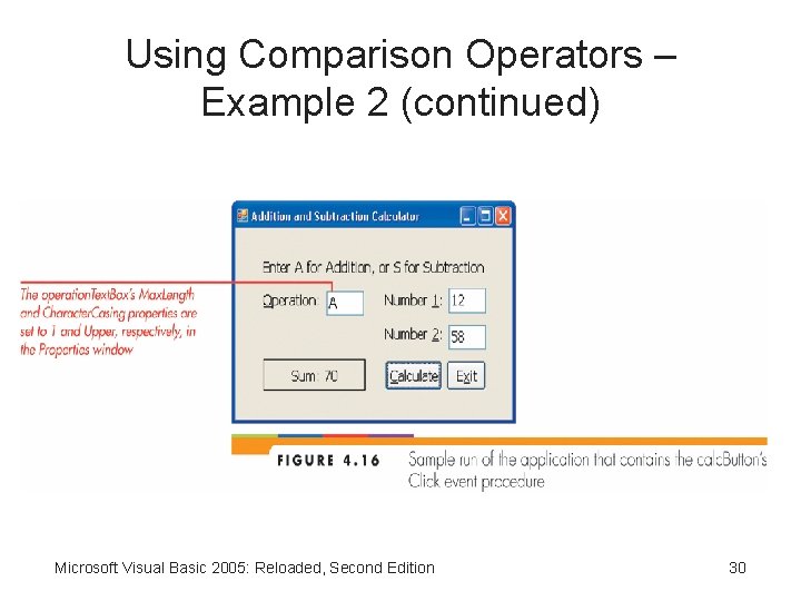 Using Comparison Operators – Example 2 (continued) Microsoft Visual Basic 2005: Reloaded, Second Edition