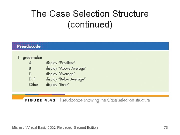 The Case Selection Structure (continued) Microsoft Visual Basic 2005: Reloaded, Second Edition 73 