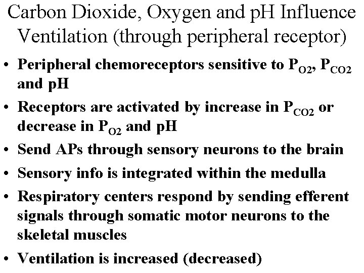Carbon Dioxide, Oxygen and p. H Influence Ventilation (through peripheral receptor) • Peripheral chemoreceptors