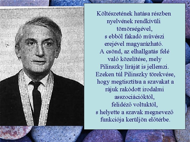 Költészetének hatása részben nyelvének rendkívüli tömörségével, s ebből fakadó művészi erejével magyarázható. A csönd,