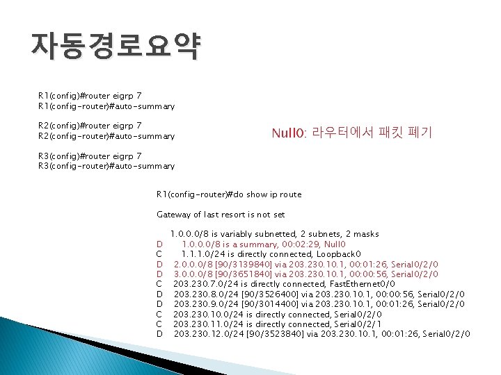 자동경로요약 R 1(config)#router eigrp 7 R 1(config-router)#auto-summary R 2(config)#router eigrp 7 R 2(config-router)#auto-summary Null